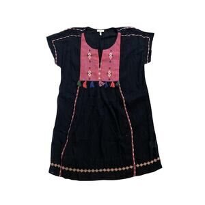 Joie Black Embroidered Sheer Cotton Embroidery Boho Tassel Mini Dress Size Small